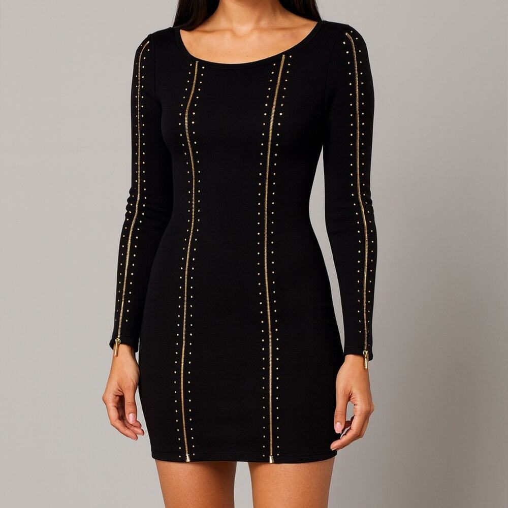 bebe Black Body Con Sweater Dress Zipper Trim Gold Studs Y2K Style Sz XS